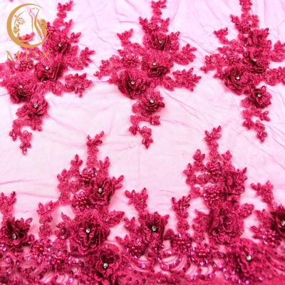 China 2019 Sustainable Luxury Design Handmade Bead With Rhinestones Embroidery Fabric 3D Pink Beaded Lace Fabric for sale