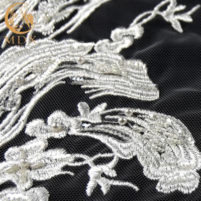 China 2019 Viable MDX Textile Lace Fabric Embroidery With Sequins And Beads Mesh Embroidered Tulle White Beaded Lace Fabric for sale