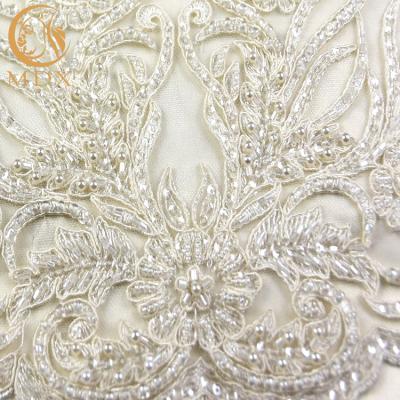 China Wholesale 2019 handmade luxury white beaded embroidery haute couture bridal fabric with pearls lace up for wedding dresses for sale