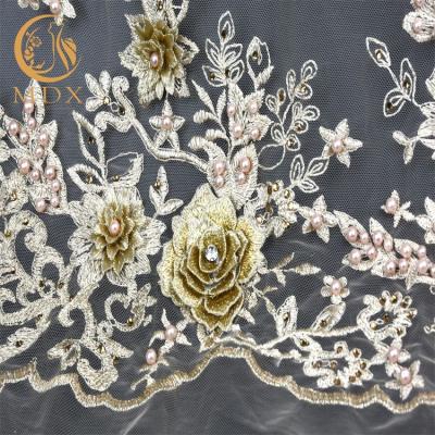 China Viable Wholesale Mult-color Tulle Lace Embroidery Fabric With Beads For Wedding Dress for sale