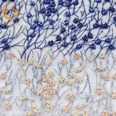 China 2018 New Sustainable Collection Lace Fabric With Beads And Beads Hand Beaded Fabric Tulle Lace for sale