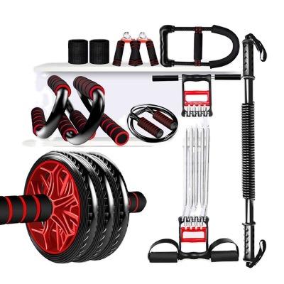 China Portable gym fitness supplies ab wheel roller kit with pump bar jump rope hand gripper fitness kit for sale