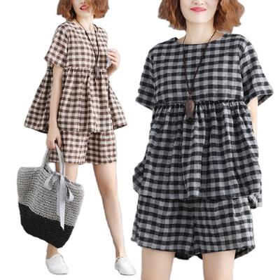 China Plus Size QUICK DRY Women's Fat Summer MM2021 Loose Look New Slightly 200 Pound Plaid Leisure Two-Piece Suit Fashion Suit for sale