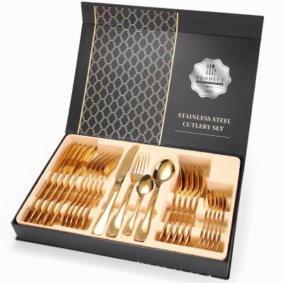 China Viable Wholesale High Quality Wedding Viable Luxury Hotel Logo Flatware Gold Food Grade 304 Stainless Steel Custom Cutlery Set With Box for sale