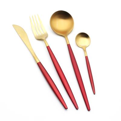 China Wholesale High Quality Disposable 304 Stainless Steel Disposable Gold Portugal Wedding Factory Price Handle Knife Fork Spoon Red Round Cutlery Set for sale