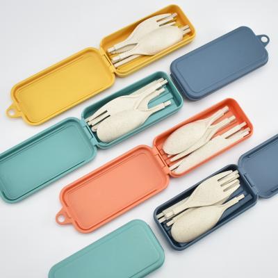 China Hot Selling Disposable Reusable Wheat Fiber Straw Plastic Folding Portable Cutlery Case Set For Travel Picnic for sale