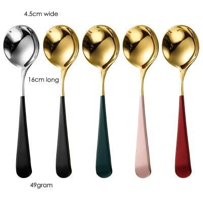 China Disposable Custom 304 Stainless Steel Gold Color Handle Restaurant Hotel Logo Food Grade Round Spoon Set Silver Disposable Dinner Spoon Set for sale