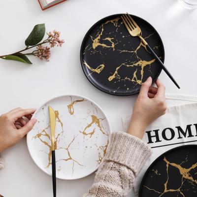 China Viable Hot Sale Porcelain Round Dinner Dish Gold Marble Design Matte Glaze Nordic Style Ceramic Steak Dish for sale