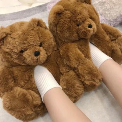 China Cute Cartoon Teddy Bear Women's Bedroom Faux Fur Hairy Slides Plush Slippers Fashion Trend Furry Flip Flop Shoes For Women Girls for sale