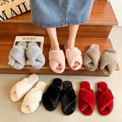 China Fashion Trend Winter Women Bedroom Slippers Faux Fur Fashion Shoes Woman Warm Slip On Flats Female Black Pink Comfortable Home Hairy Slippers for sale