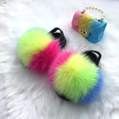 China Lightweight Wholesale Women Ladies House Full Home Raccoon Faux Fox Kids Slippers Red Fur Slide Slipper Purse for sale