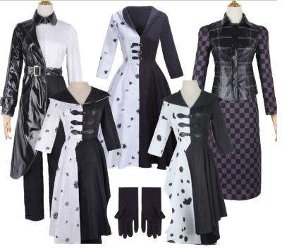 China Polyester Cruella De Vil 2021 New Carnival Halloween Party Cosplay Costume Women Maid Dress Hoodie Skirt Wigs Outfits for sale