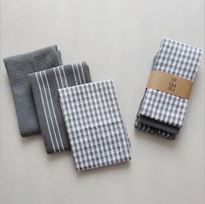 China Gray Series Printed Hypoallergenic 45*60cm 100% Cotton Heat Absorbent Plaid Kitchen Tea Towel Dish Towel Sets Towels 3pieces for sale