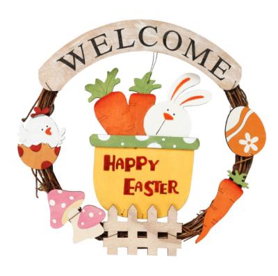 China New Fashionable Natural Touch Door Hanging Simulation Bunny Wreath Easter Wooden Easter Egg Decoration for sale