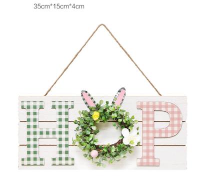 China New Rabbit Easter Holiday Wooden Door Natural Wood Door Artificial Flower Amazon Touch Garland Easter Hanging Decoration for sale