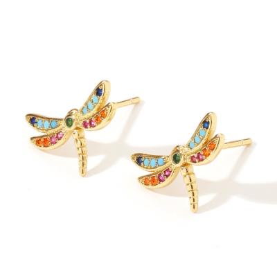 China TRENDY European and American Fashion Earrings Dragonfly Copper 18k Colorful Gold Plated Stud Earrings for sale