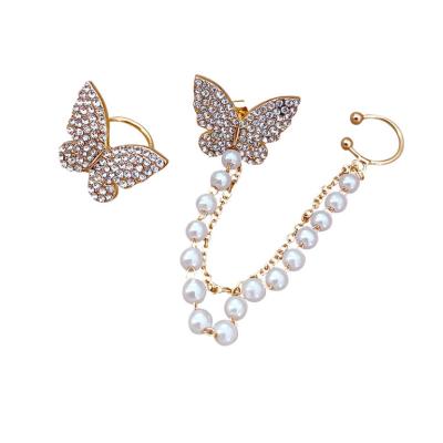 China FASHIONABLE Crystal Long Chain 925 Silver Needle Earrings Butterfly Clip On Earrings Non Pierced Ear Clip for sale