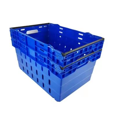 China Large Heavy Duty HDPE Nestable Fruits And Vegetables Moving Plastic Crate With Steel Handle for sale