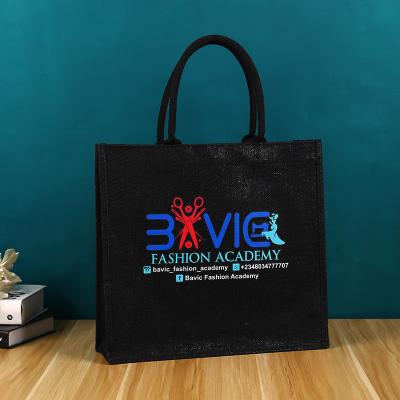 China Eco-Friendly Personalized Black Simple Empty Grocery Jute Bridesmaid Gift Tote Bag for sale