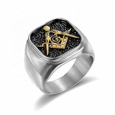 China HorizonCustom Logo Hiphop Punk Style Fashion Vintage Jewelry Freemason Masonic Seal Emblem Titanium Stainless Steel Ring For M for sale