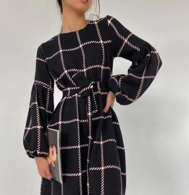 China European and American Anti-wrinkle A-Line Plaid Lantern Sleeve New Style Winter Casual Women's Clothing for sale