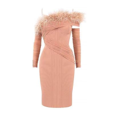 China Anti-wrinkle mesh sexy feather tipped shoulder solid color fashion long sleeve dress female bandage party dress for sale