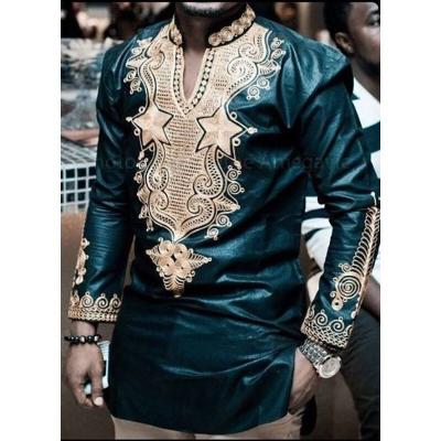 China African Elements Printed Collar Anti-wrinkle Long Sleeve T-Shirt Men's Stand Pullover Shirt for sale