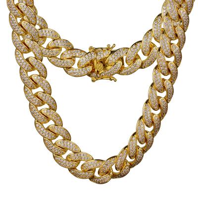 China Hip Hop Jewelry Outfits 14K Gold Finish Iced Out Diamond Cuban Chain With Triple Locking Clasp for sale