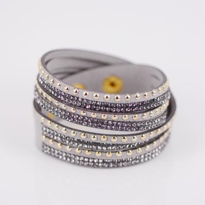 China Leather & velvet fabirc double wrap leather bracelet with crystal rhinestone for women for sale