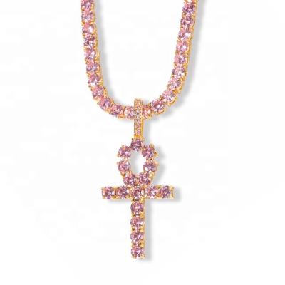 China Customized Brass/925 Silver New 4mm Pink Diamond Tennis Chain With Cross Pendant for sale