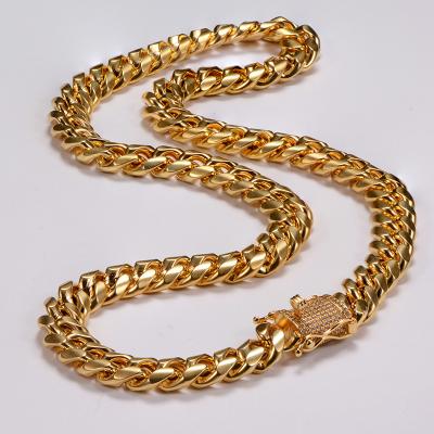 China 14MM Gold Stainless Steel Diamond Box Clasp Stainless Steel Cuban Link Chain Necklace for sale