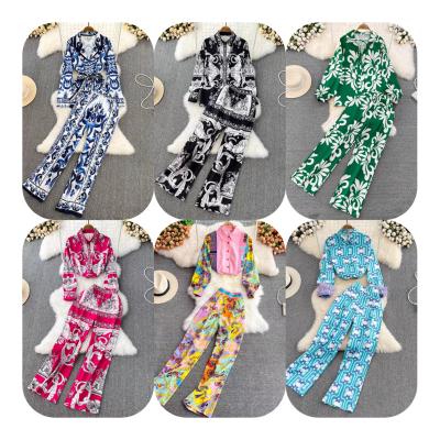 China Anti-pilling Autumn Long sleeves loose print shirt high waisted wide leg pants long trouser set for sale