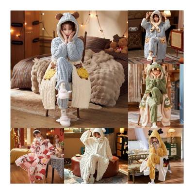 China Thermal Wholesale Winter Women's Sleepwear Warm Plush Flannel 260 GSM 2-PCS Pajama Sets Hoodie Long Sleeve Cute Home Pyjama Pijama Panda for sale