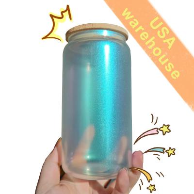 China NEW Sublimation Beer Can Shaped Soda Mason Jar Rainbow Glitter Glass Sublimation Masks Iridescent Glass 16oz Can With Bamboo Lid And Straw for sale