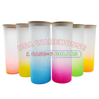 China Sustainable USA STORE 25oz Frosted Gradient Sublimation Colored Straight Blanks Glass Tumbler Box With Bamboo Lid And Straw for sale