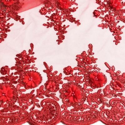 China wholesale 3D cord lace fabric African 3D flower beads cord sequin flat lace embroidered beads fabric for dress for sale