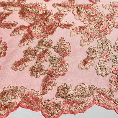 China Wholesale Latest 3D Sequins Nigerian Fabric Red Tulle Mesh Rope Lace Embroidery Fabric For Dress for sale