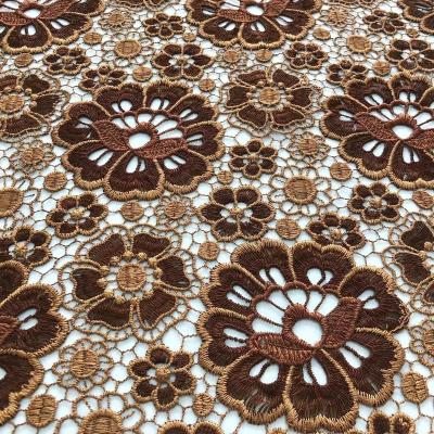 China 100% Floral dyed polyester lace embroidery lace yarn milk guipure lace fabric chemical viable embroidery fabric for dress for sale