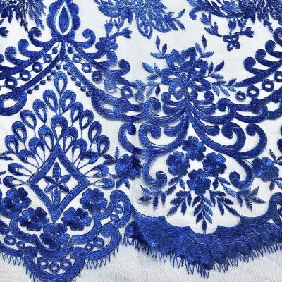 China African Plain Blue Polyester Lace Fabric Embroidery Viable Elegant Tulle Fabric 100% African Embroidery For Dress for sale