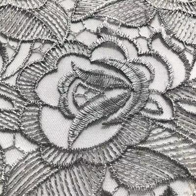 China New arrival 100% Polyester Embroidery Tulle Gray Simple Embroidery Fabric Viable Bridal Lace Fabrics For Dress for sale