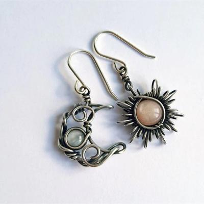 China High Quallity Bohemian twist geometric moonstone asymmetrical sun moon earrings for sale