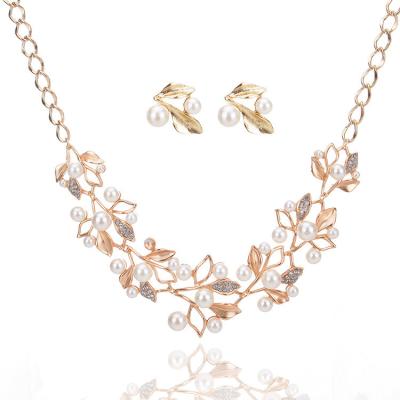 China High Quallity Fashion Luxury Tree Flower Shape Rhinestone Pearl Necklace Earrings Wedding Bridal Jewelry Set for sale