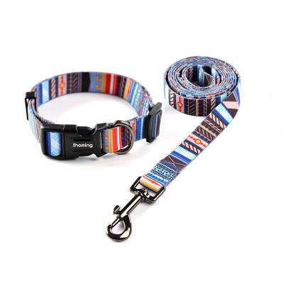 China DETACHED stripe dog collar and leash set, pattern print, adjustable nylon collar with matching leash for sale