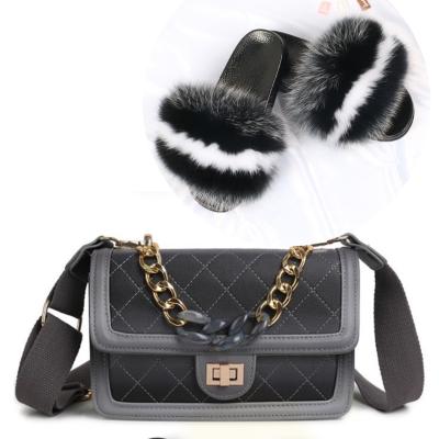 China 2021 Acrylic Dye Chain Bag High Quality Soft Cute Fur Purse And Sandals Link Dye Set Women Matching Purse And Shoes Ladies Purses And Handbag Sellers for sale