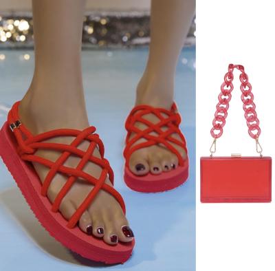 China Fashion Clear Acrylic Chain Box Clutch Purse And Weave Woven Slippers Matching Sandals Slips Shoes Purses Set 2021 For Women for sale