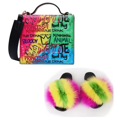 China Winter Fall Designer Bag Graffiti Handbag Purses And Purses New And Matching Sets Fox Fur Slippers Sandals Slides Set 2021 Luxury for sale