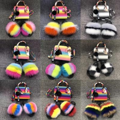 China 2021 Fashion Real Rainbow Fox Fur Slides And Hairy Soft Purse Set For Women Fox Fur Slipper And Purse Slides Matching Colorful Sets for sale