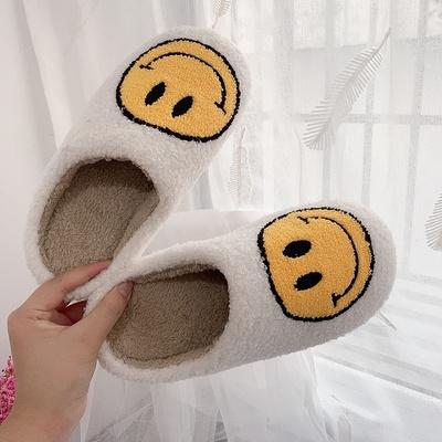 China Wholesale Cheap Cute Fashion Trend Cardboard Cotton Bedroom House Slippers Smile Smiley Face Plush Shearling Fur Slides Slippers For Women Ladies for sale