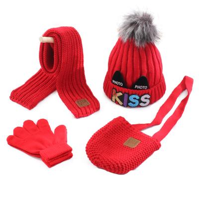 China COMMON 2021 autumn and winter kids scarf and beanie hat with kids hand glove plush warm purse handbag for four 2 piece fur set for sale