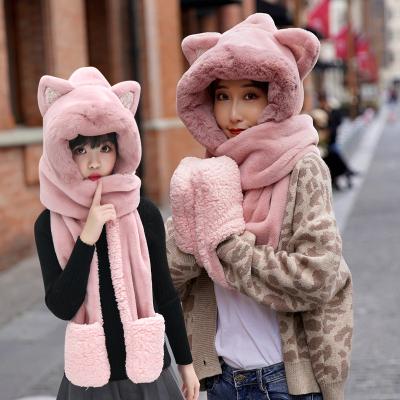 China 2021 New Design COMMON Women Winter Simple Fur Warm Selling Warm Scarf Hat Gloves Set For Women Kids Boy Girl for sale